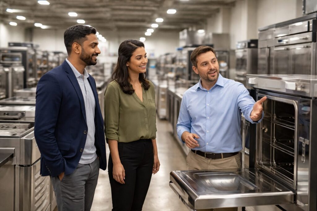 commercial equipment showroom with diverse customers and staff examining modern appliances displayed in organized rows