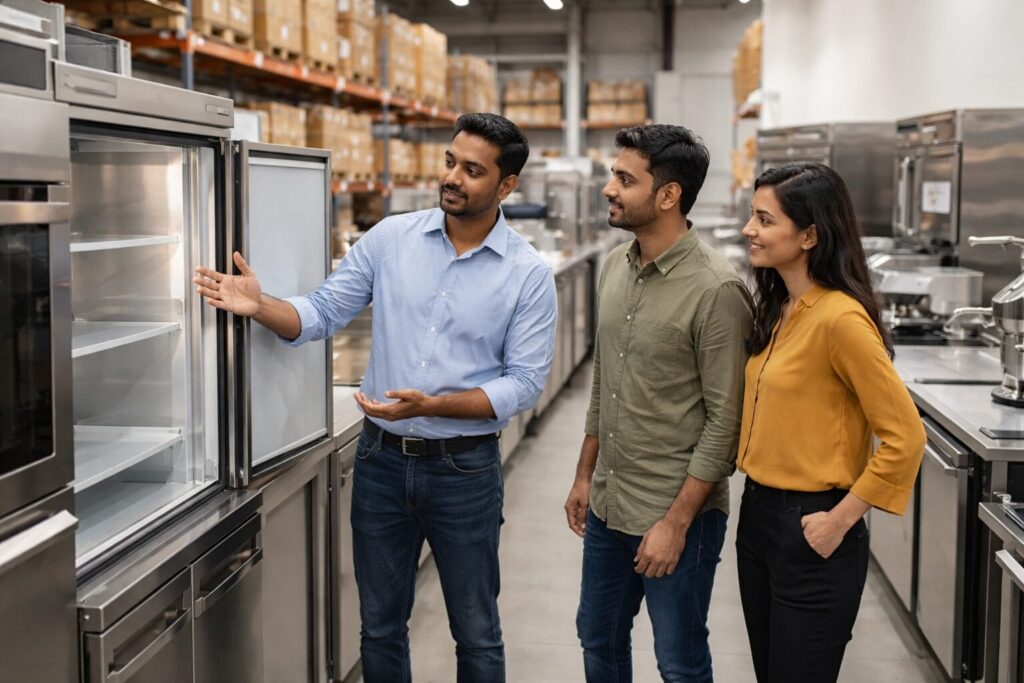 commercial appliance showroom with diverse staff assisting customers among rows of modern equipment and inventory racks