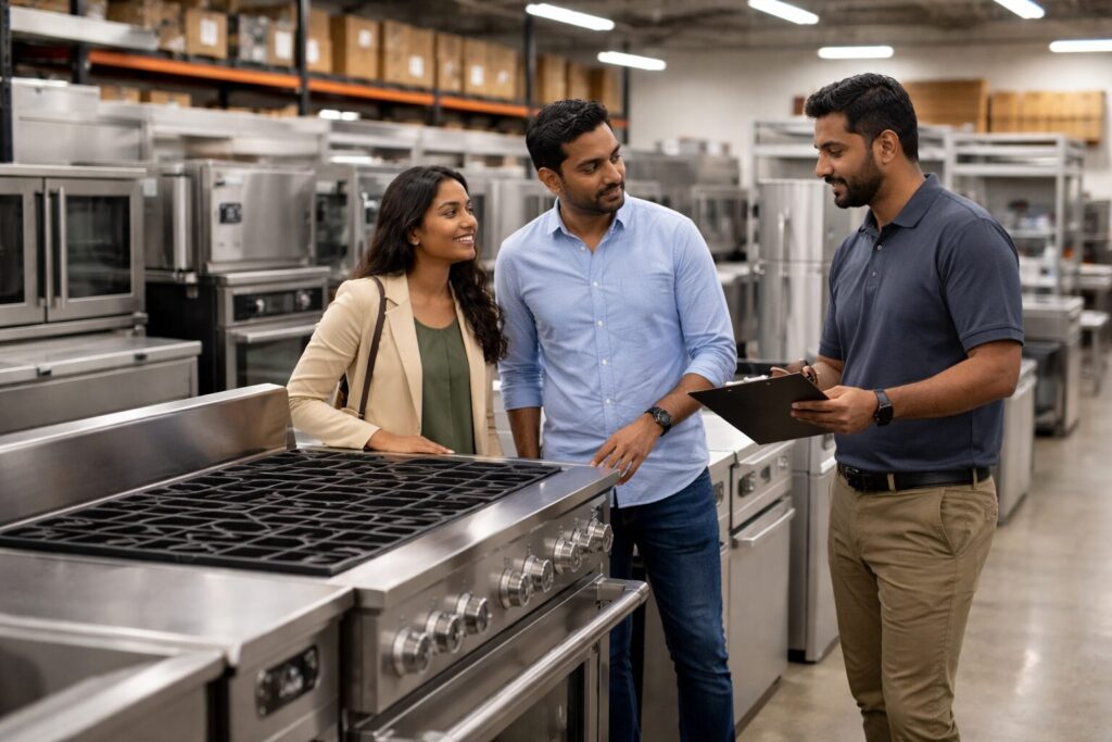 commercial appliance showroom with diverse staff assisting customers among rows of modern equipment and inventory racks