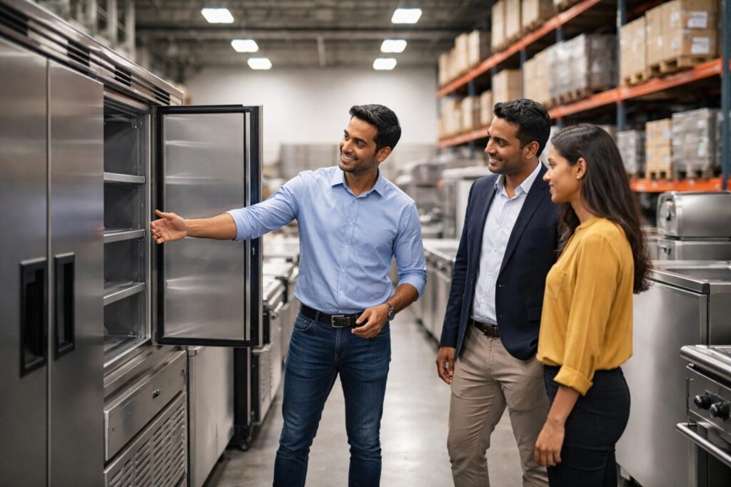 commercial appliance showroom with diverse staff assisting customers and rows of modern equipment on display