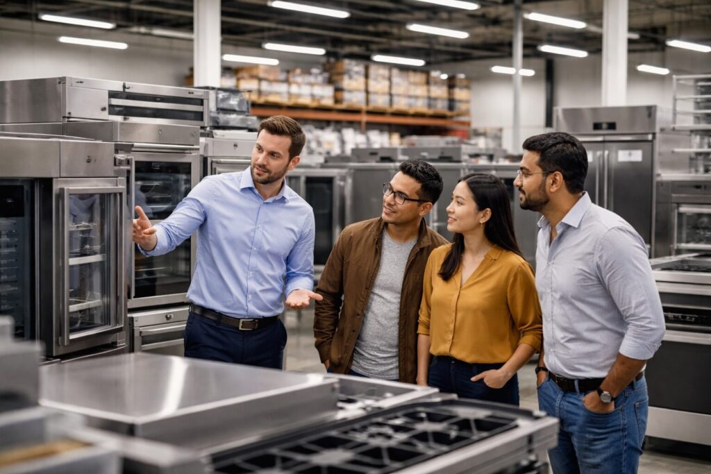 Commercial appliance showroom with diverse customers and staff examining modern equipment displayed in organized rows