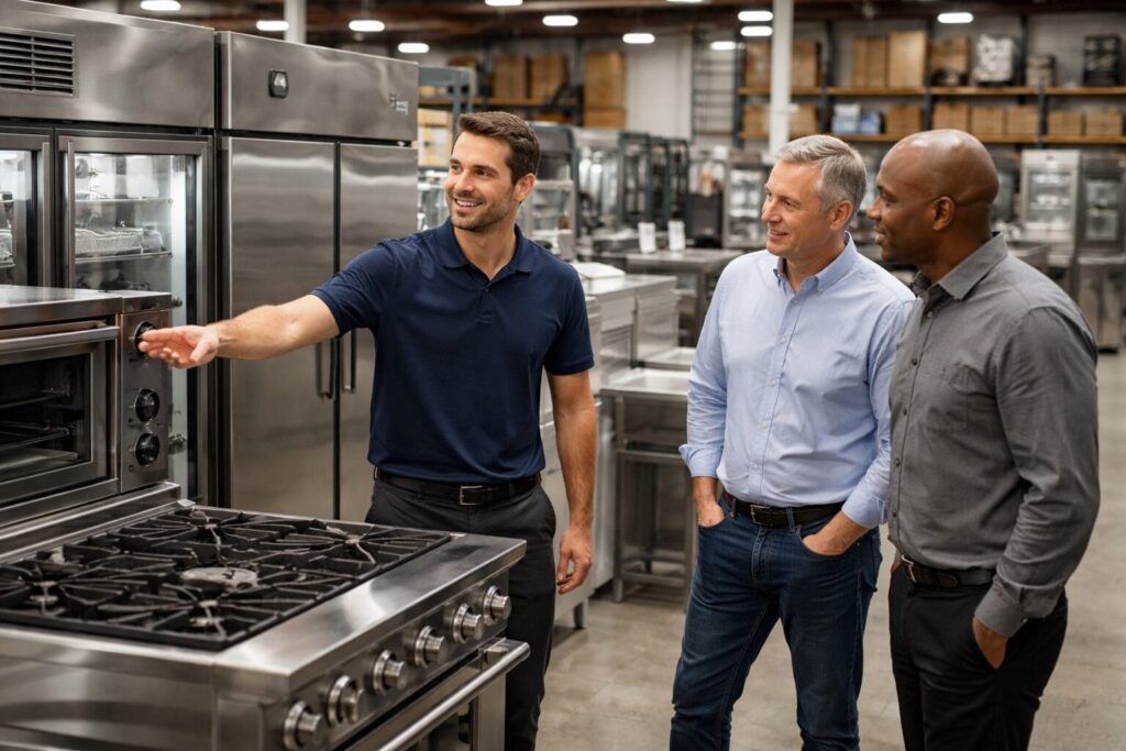 commercial appliance showroom with staff assisting customers and various equipment displayed in organized rows