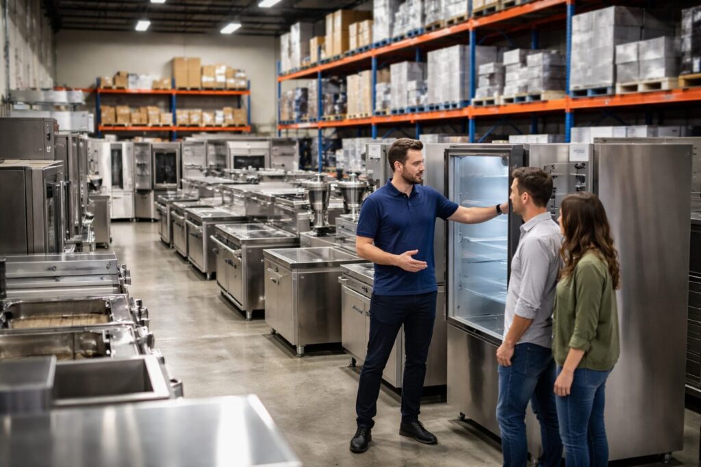 commercial appliance showroom with staff assisting customers and various equipment displayed in organized rows