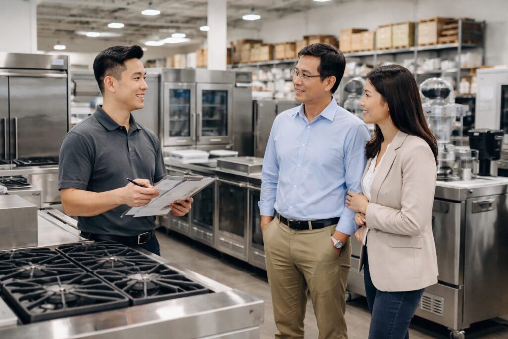 Asian staff assisting customers in a commercial appliance showroom with modern equipment and paper invoices visible
