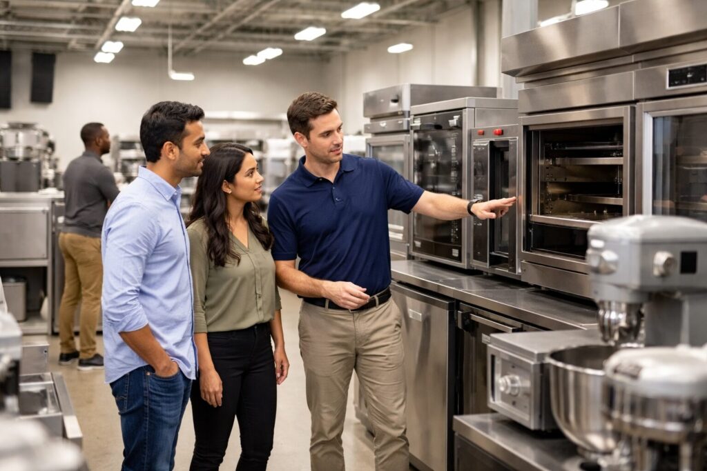 Commercial appliance showroom with diverse customers and staff discussing equipment displayed in organized rows