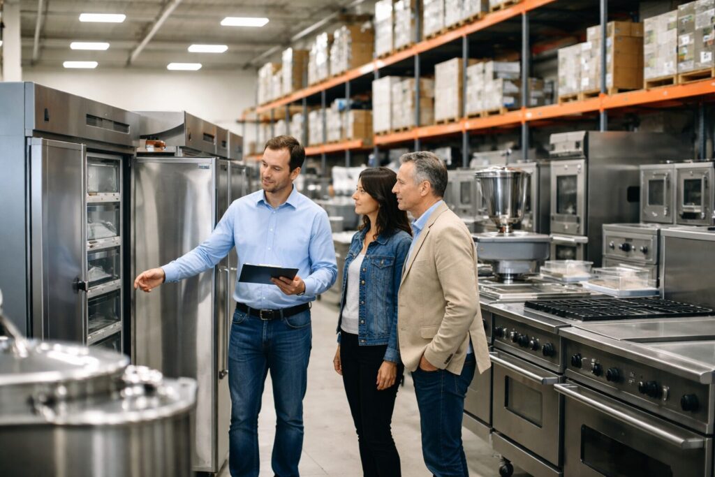 commercial appliance showroom with staff assisting customers and rows of modern equipment on display