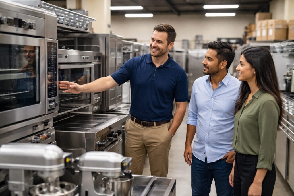 commercial appliance showroom with diverse staff assisting customers among rows of modern equipment on display