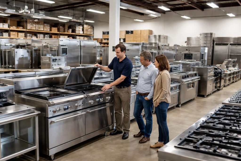 Commercial appliance showroom with staff assisting customers and rows of commercial kitchen equipment on display