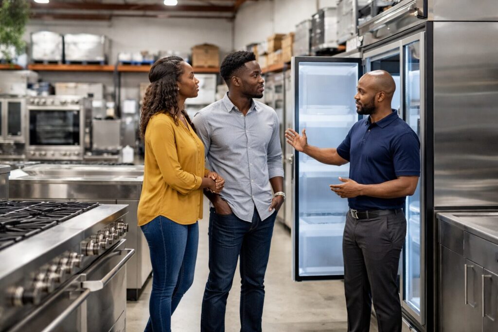 commercial appliance dealer showroom with diverse staff assisting customers and rows of modern equipment on display