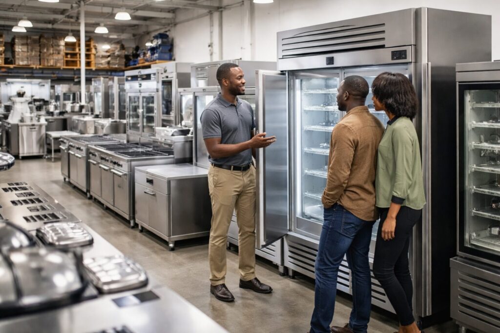 commercial appliance showroom with diverse customers and staff examining modern equipment on display in organized space