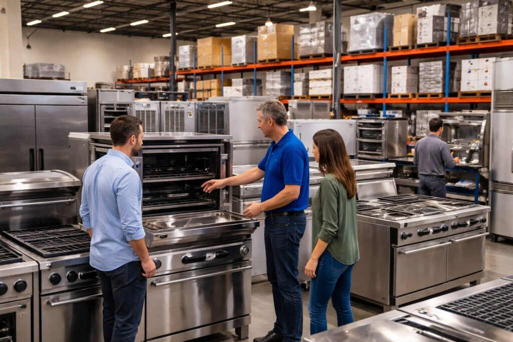 commercial appliance showroom with staff assisting customers and various equipment displayed in organized rows