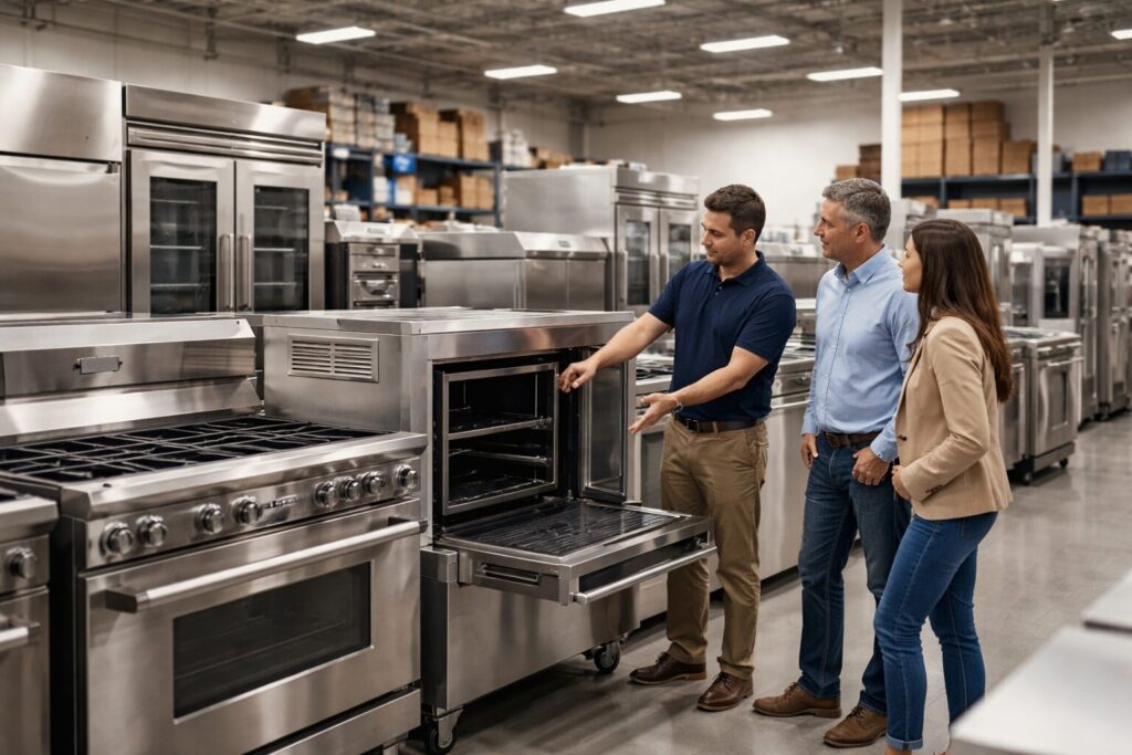 commercial appliance showroom with business customers and staff discussing equipment on display in organized dealer