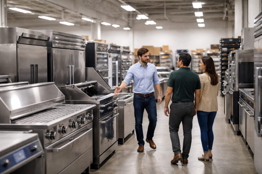 Commercial appliance dealer showroom with staff assisting customers and rows of commercial kitchen equipment on display