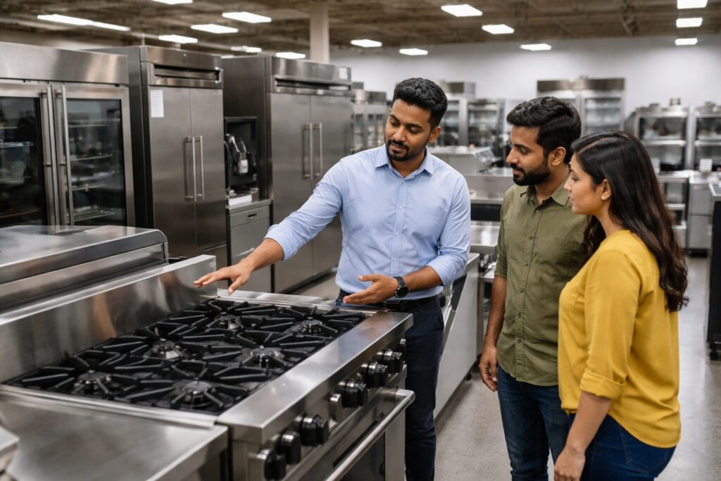commercial appliance showroom with diverse staff assisting customers among rows of modern equipment and appliances