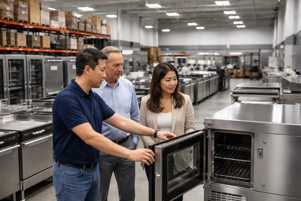 Asian commercial appliance dealer showing equipment to a customer in a modern showroom with various appliances displayed