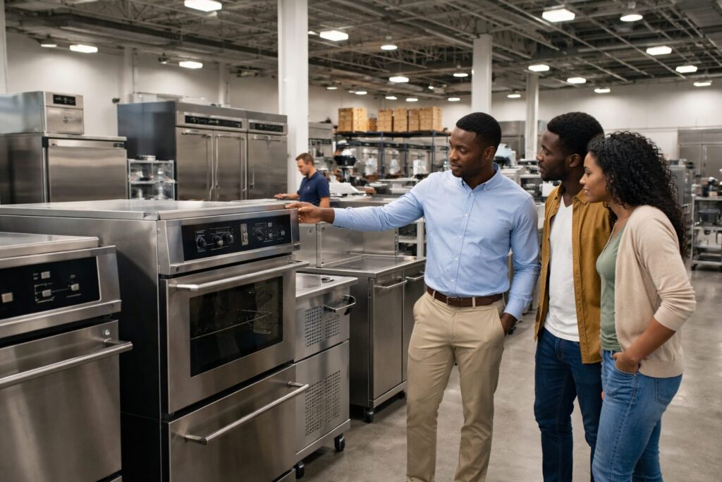 commercial appliance showroom with diverse staff assisting customers and rows of modern equipment on display