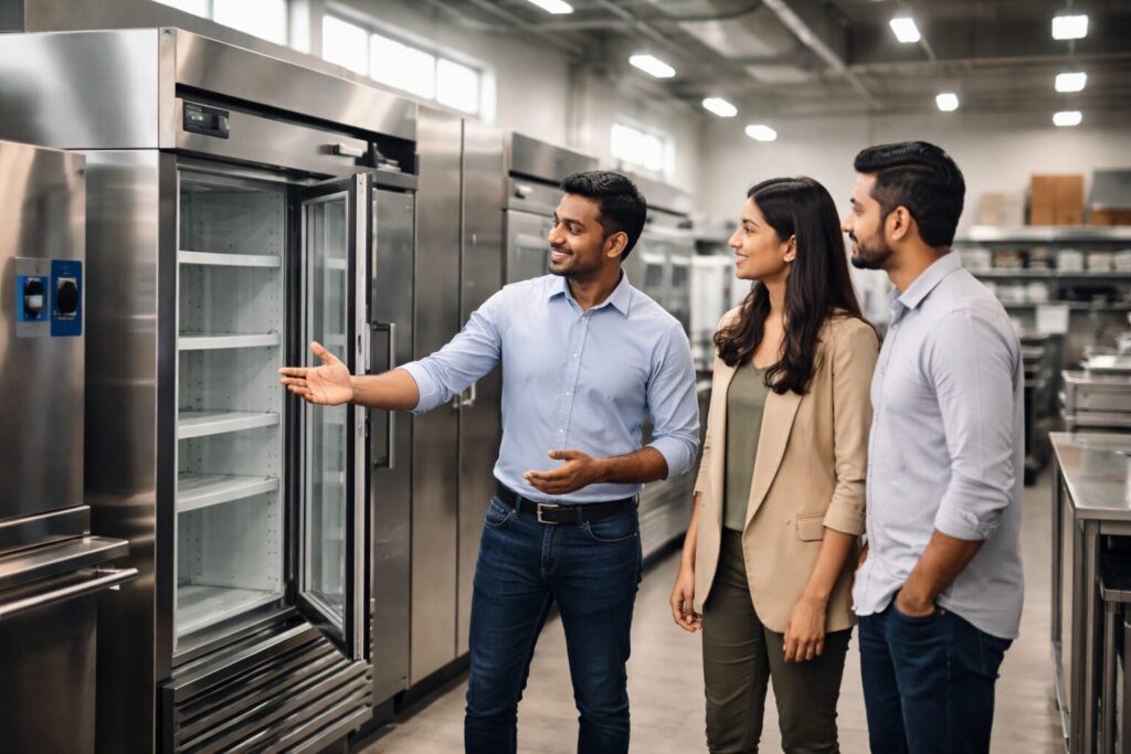 commercial appliance showroom with diverse staff assisting customers examining equipment on display in organized space