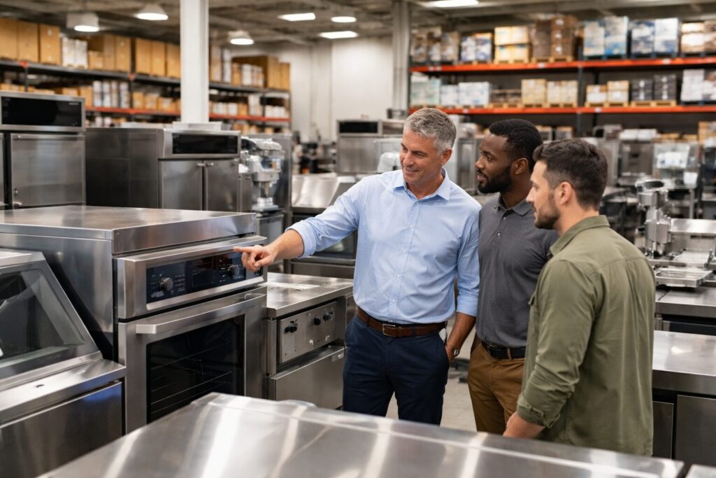 commercial appliance dealer showroom with staff assisting customer and rows of equipment on display