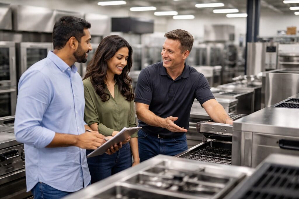 commercial appliance showroom with diverse staff assisting customers among modern equipment displays and inventory racks