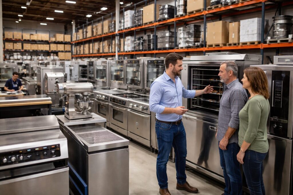 Commercial appliance showroom with staff assisting customers and various equipment displayed in organized sections