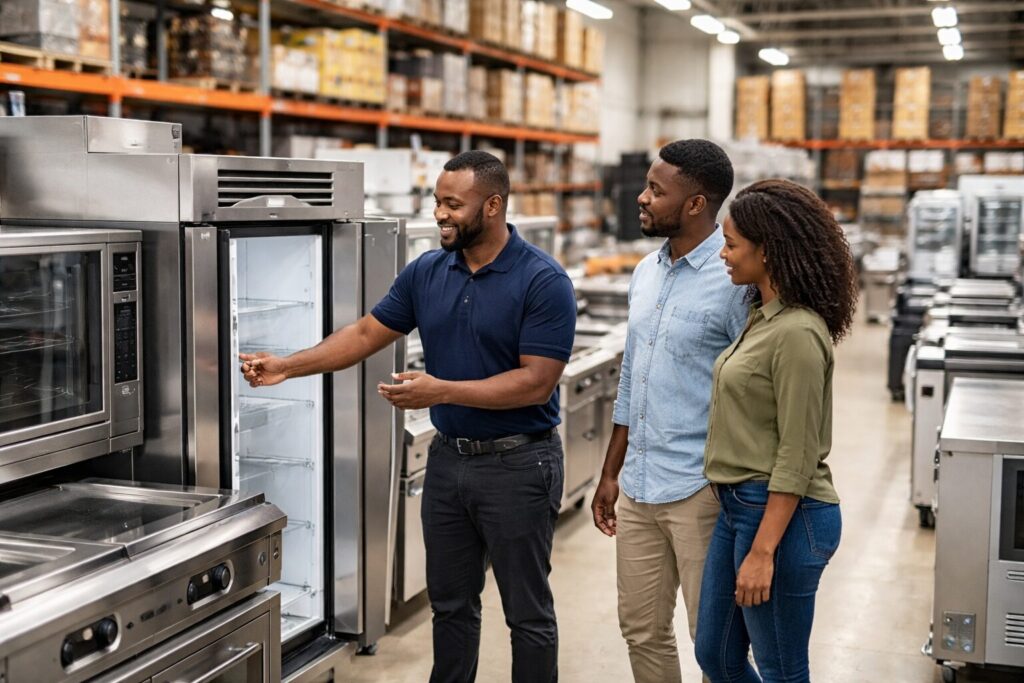 commercial appliance dealer showing equipment to customers in showroom with diverse staff and modern commercial appliances