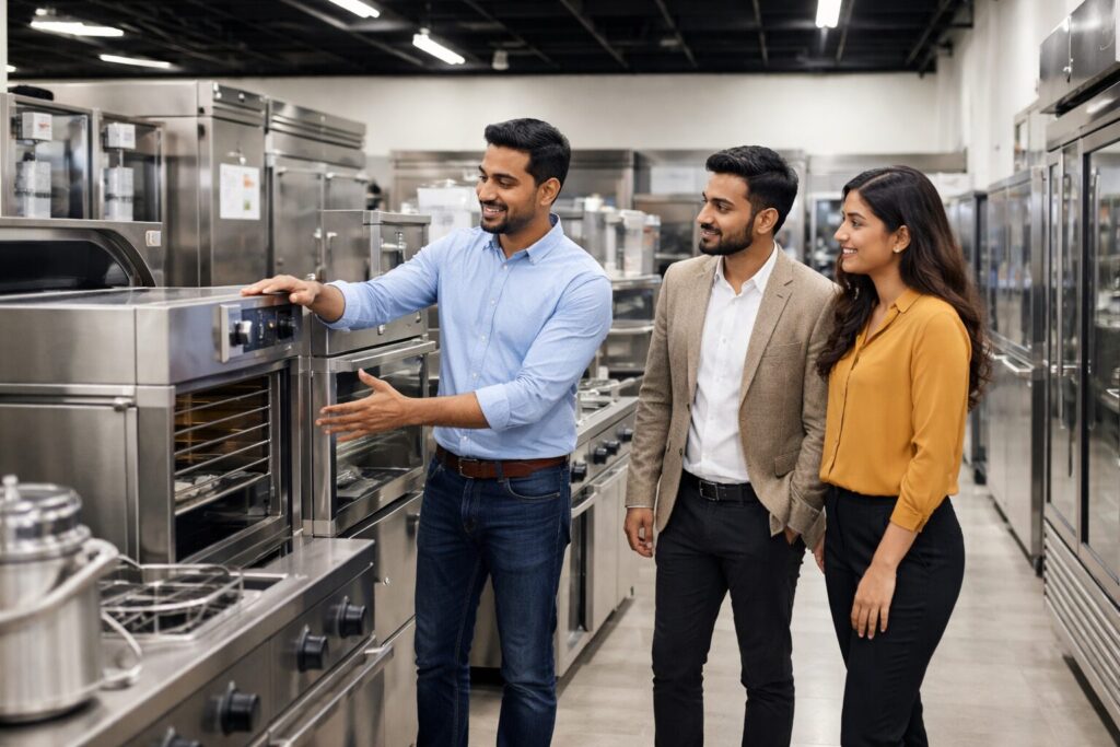 commercial appliance dealer showroom with diverse staff assisting customers among rows of modern equipment displays