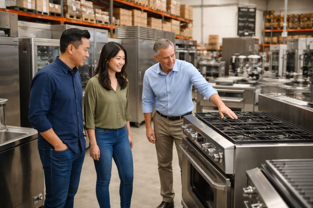 Asian business staff assisting customers in a commercial appliance showroom with various equipment on display