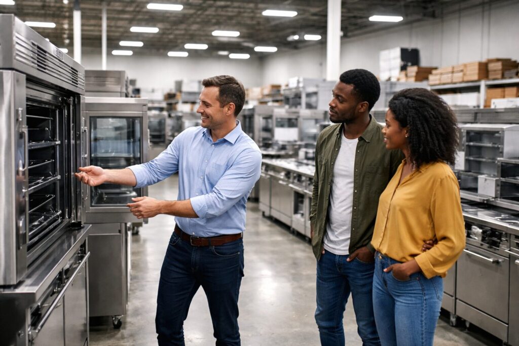 commercial appliance showroom with diverse staff assisting customers among rows of modern equipment in organized space