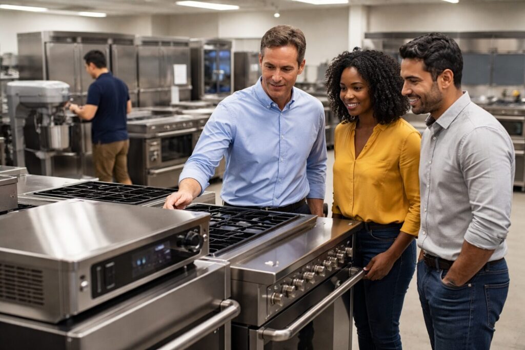 Commercial appliance showroom with diverse customers and staff examining modern equipment displayed in organized rows