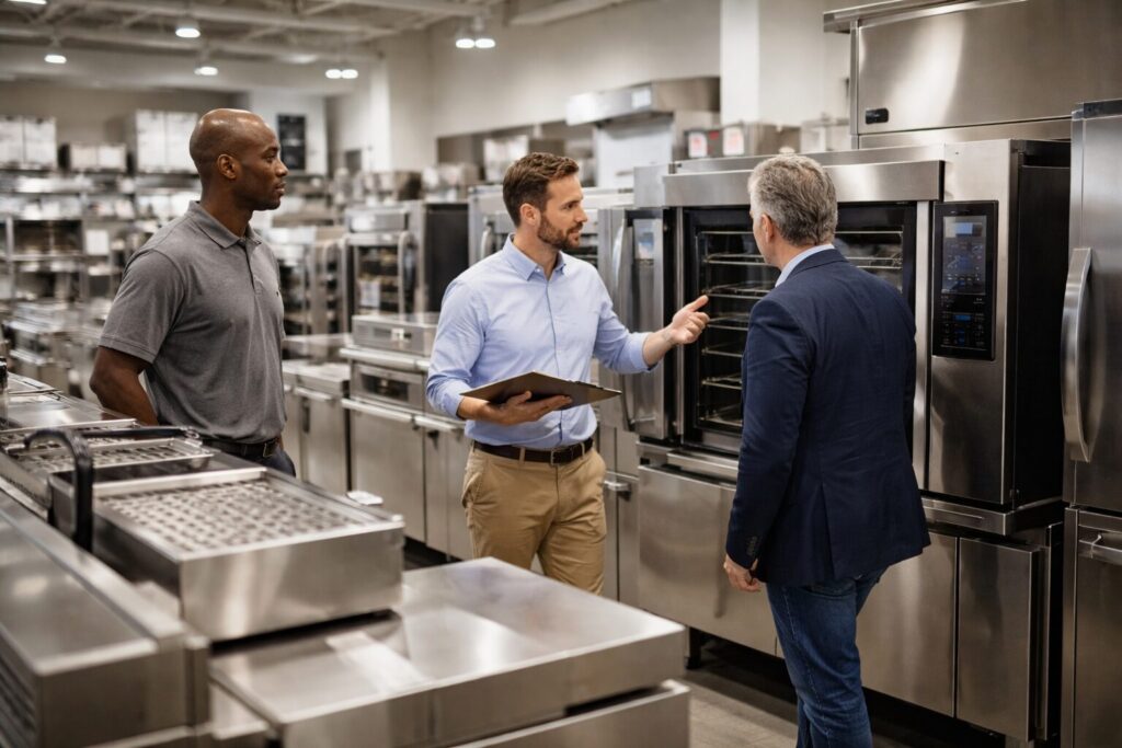 commercial appliance showroom with staff assisting business customers evaluating equipment on display in organized space