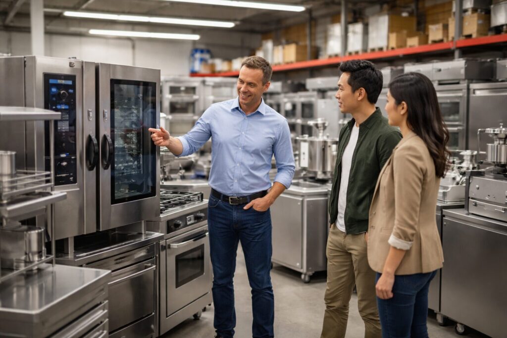 Asian commercial appliance dealer showing business customers modern equipment in organized showroom environment