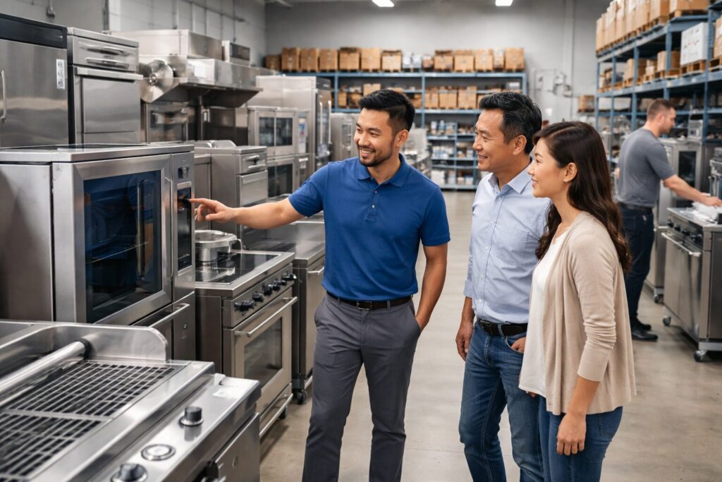 Asian commercial appliance dealer showing equipment to a customer in a modern showroom with various appliances displayed