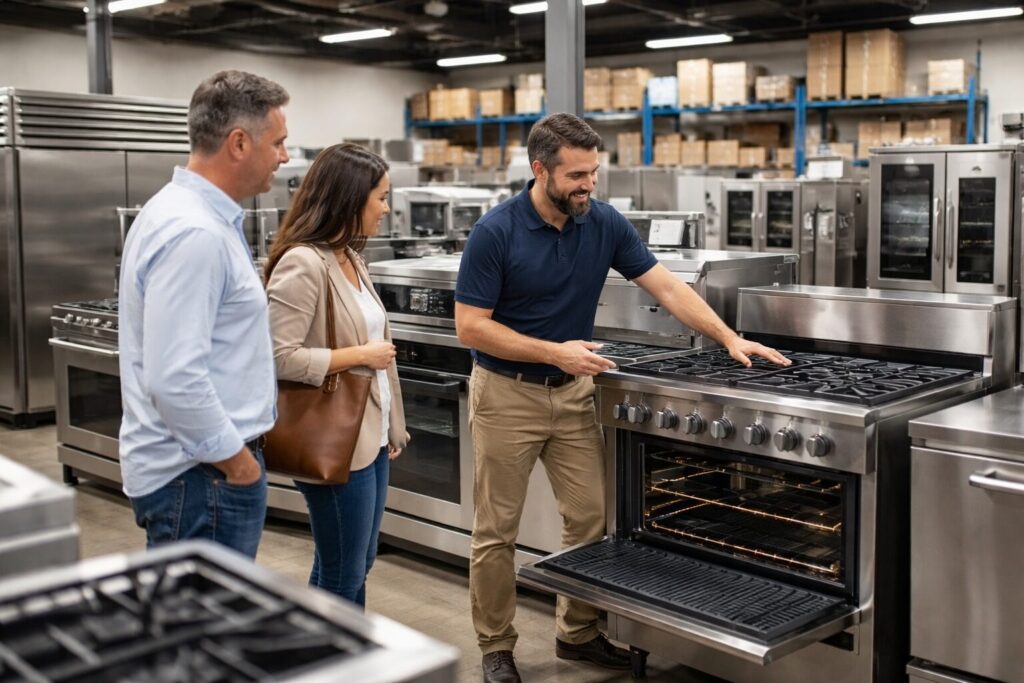 commercial appliance showroom with staff assisting customers and rows of modern equipment on display