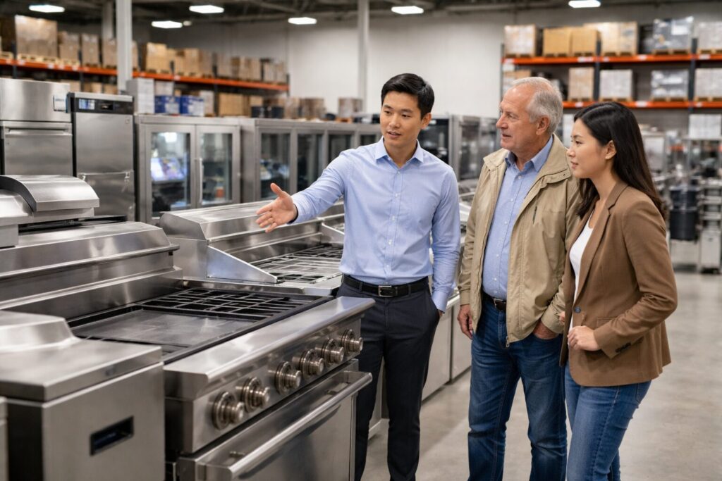 Asian commercial appliance dealer showing equipment to a customer in a modern showroom with various appliances displayed