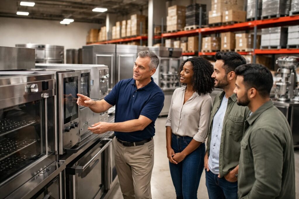 commercial appliance dealer showroom with diverse staff assisting customers among rows of modern equipment displays