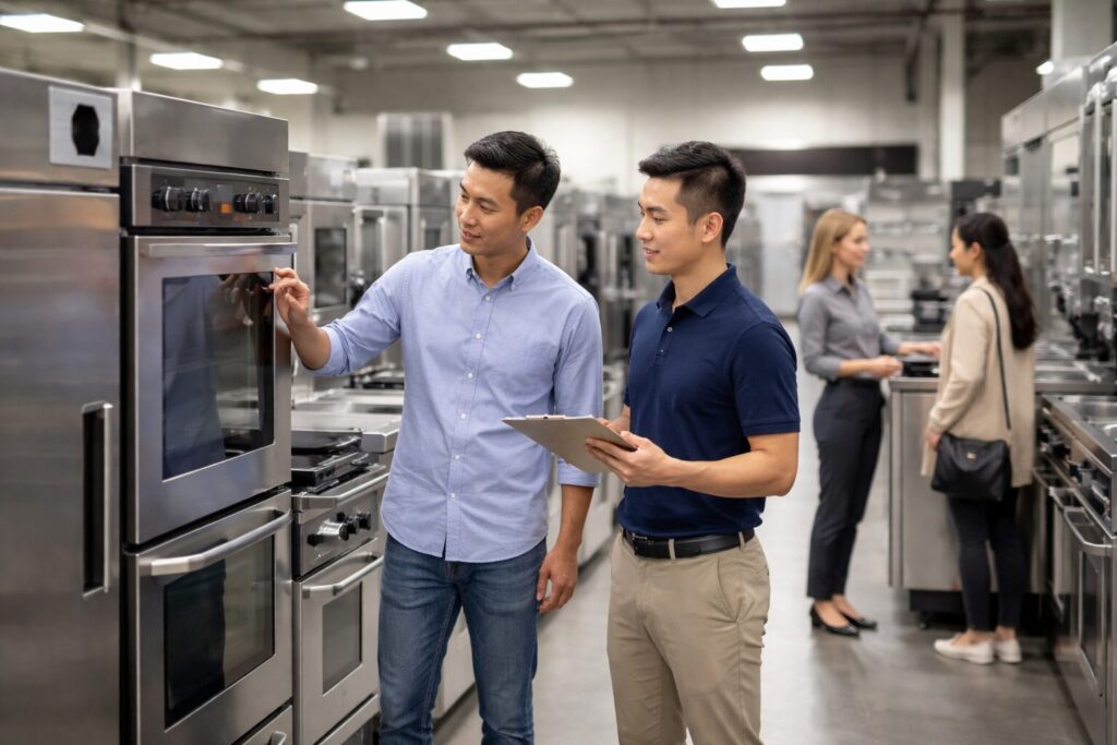 Asian commercial appliance dealer showing customers modern equipment in organized showroom with warehouse area visible behind