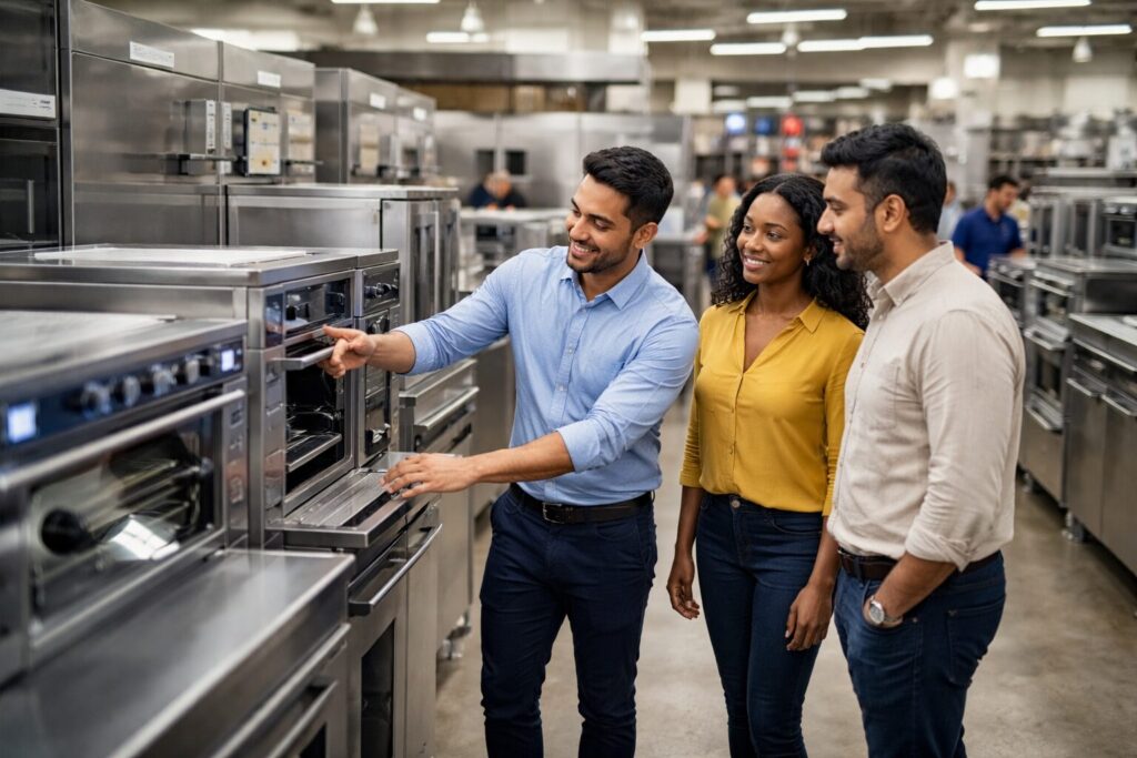 Commercial appliance dealer showroom with diverse staff assisting customers among rows of commercial kitchen and laundry