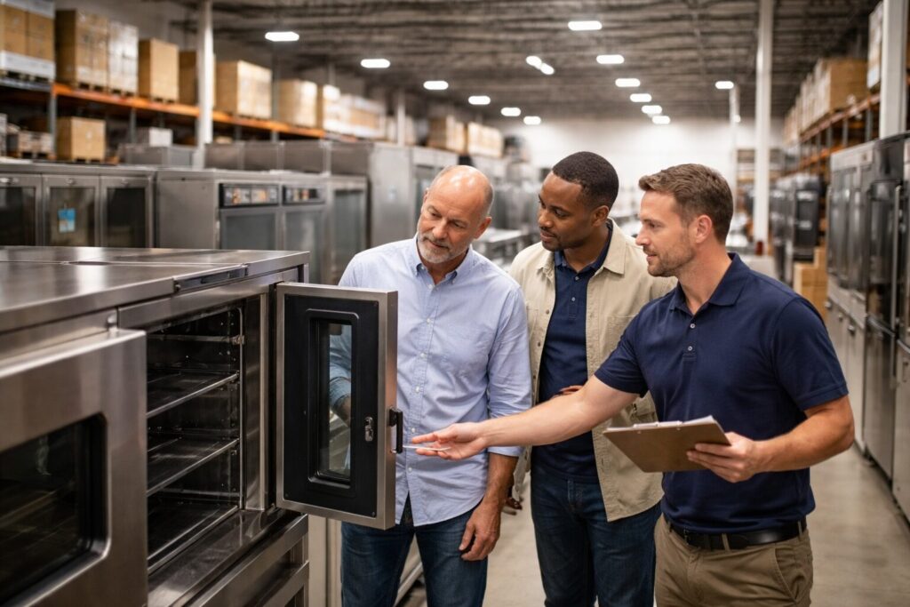Commercial appliance dealer showing customers equipment in a showroom with rows of commercial kitchen appliances and staff