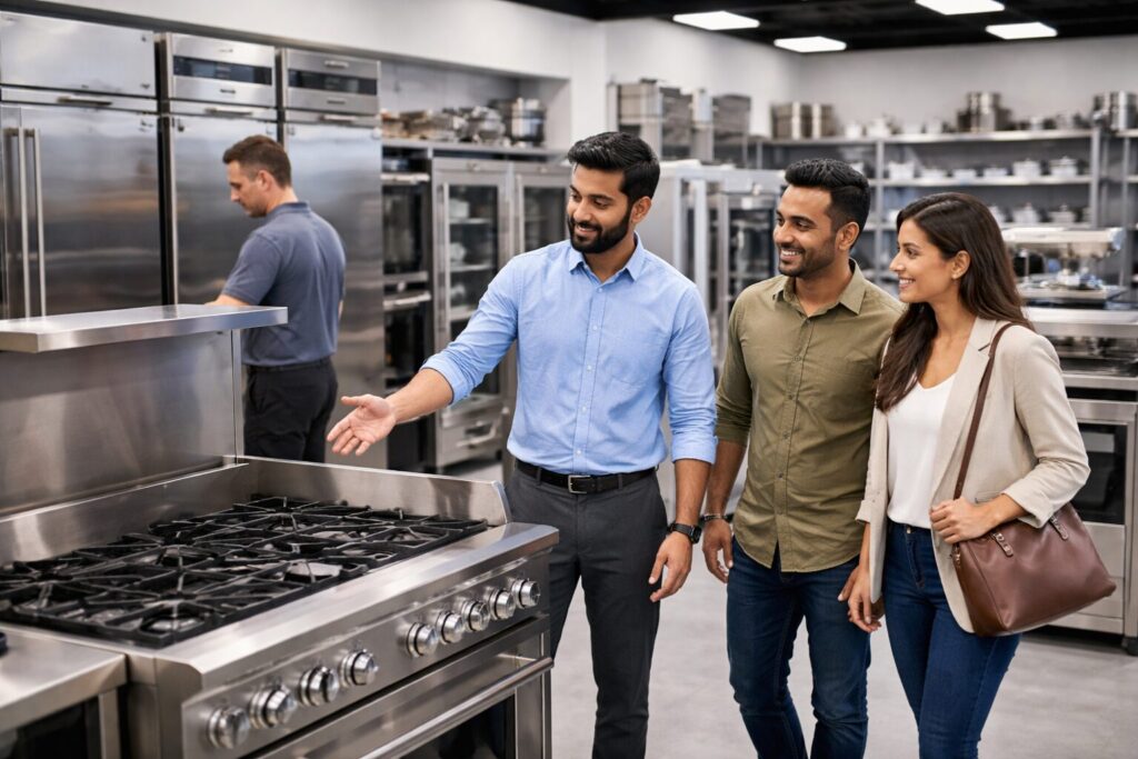 commercial appliance showroom with diverse staff assisting customers among rows of modern equipment and warehouse racks