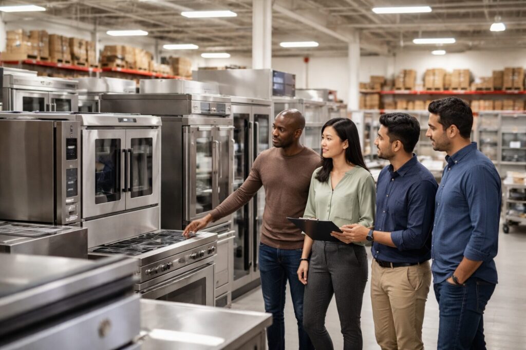 Commercial appliance showroom with diverse customers and staff examining modern equipment in organized dealer environment