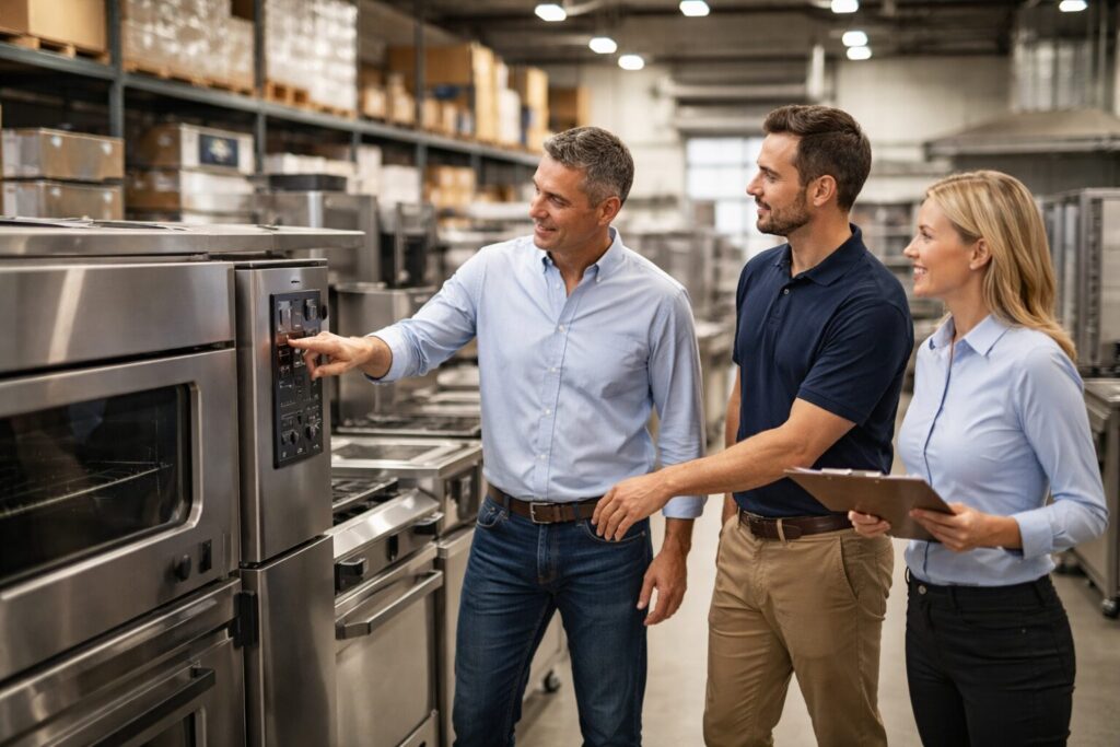 commercial appliance showroom with staff assisting business customers evaluating equipment on display