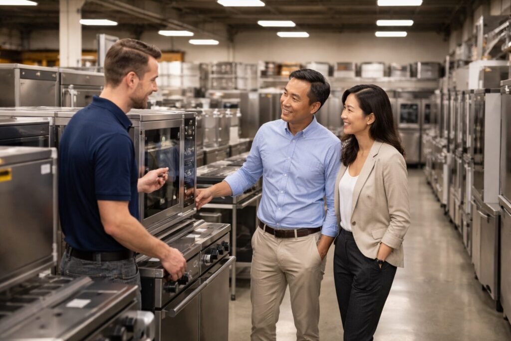 Asian commercial equipment dealer showing customers modern appliances in a clean, organized showroom environment