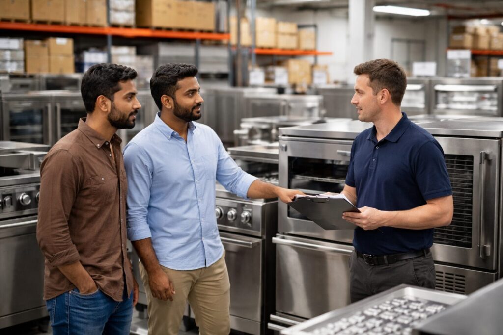 Commercial appliance showroom with diverse staff assisting customers among rows of modern equipment and inventory shelves
