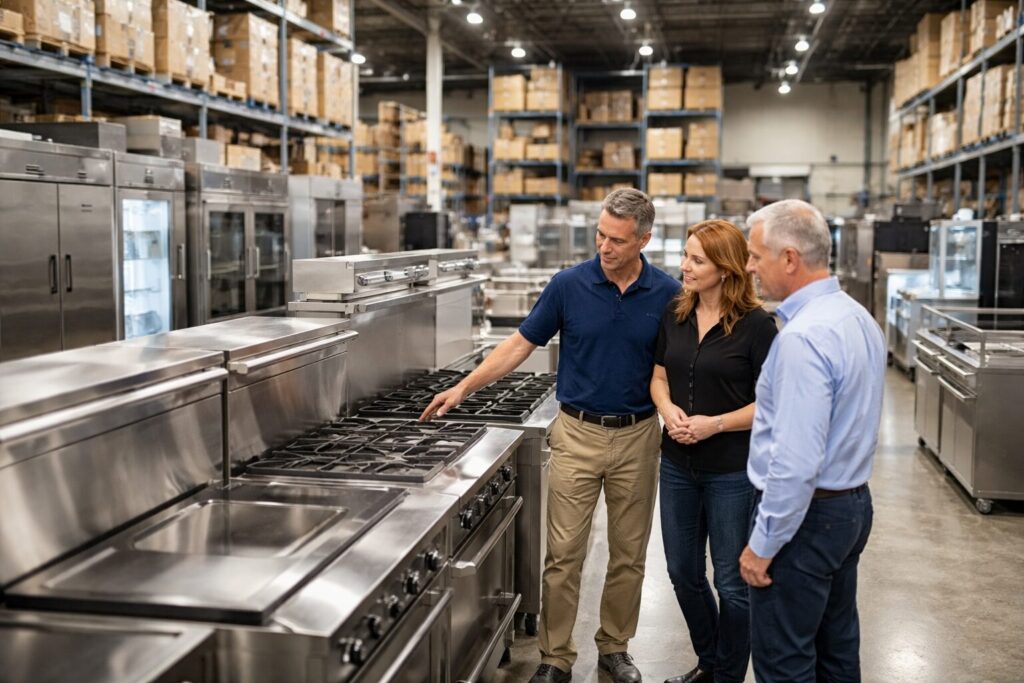 Commercial appliance showroom with staff assisting customers among rows of commercial kitchen equipment and appliances