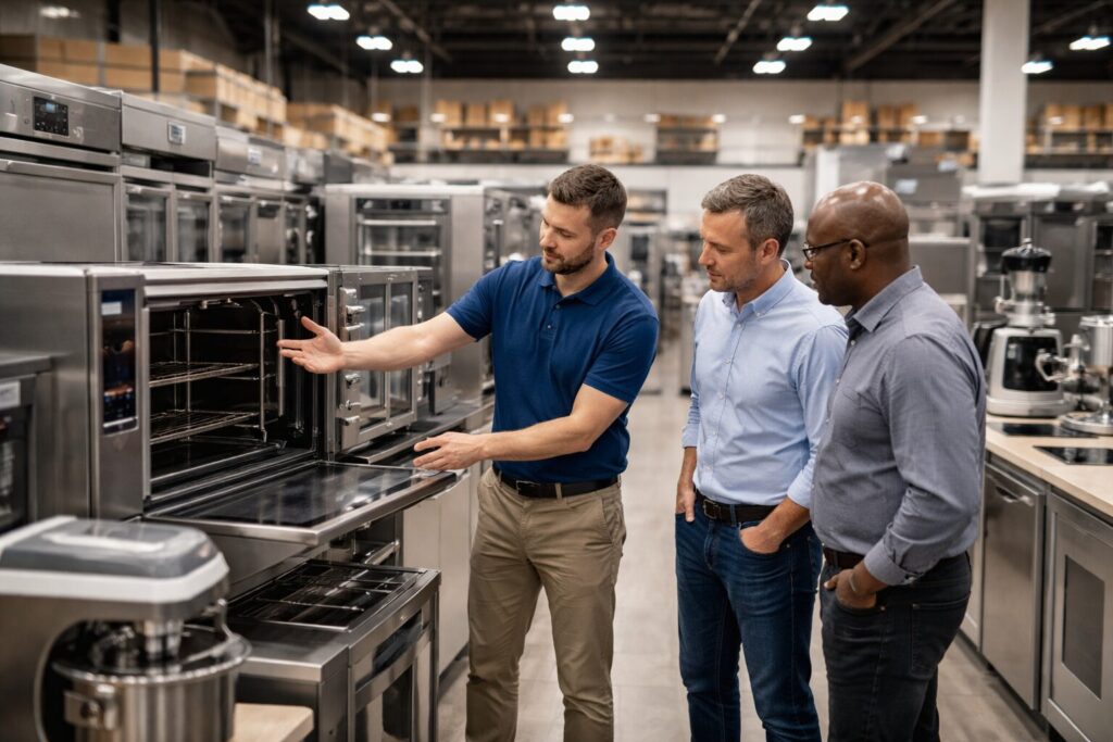 Commercial appliance showroom with staff assisting customers and rows of commercial kitchen equipment on display
