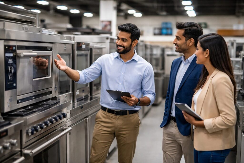 commercial appliance showroom with diverse staff assisting customers examining equipment on display in organized space