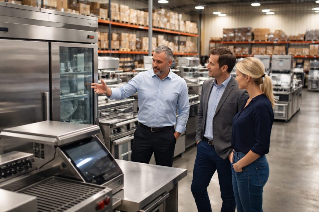 commercial appliance showroom with staff assisting customers and rows of modern equipment on display in a bright space