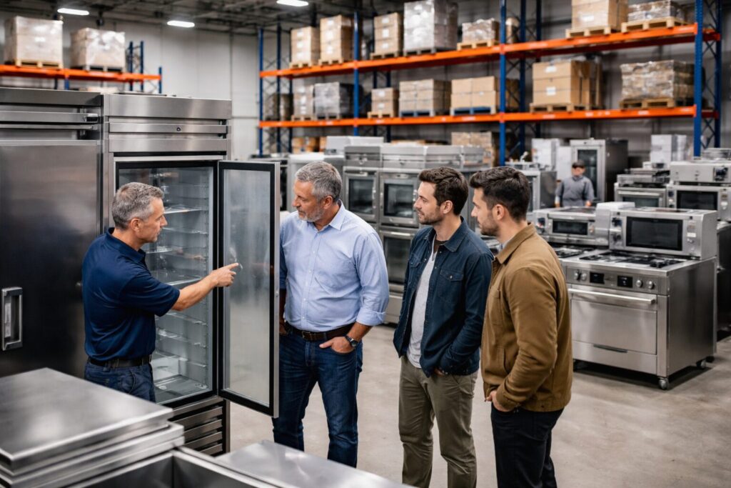 commercial appliance showroom with staff assisting customers and rows of modern equipment on display