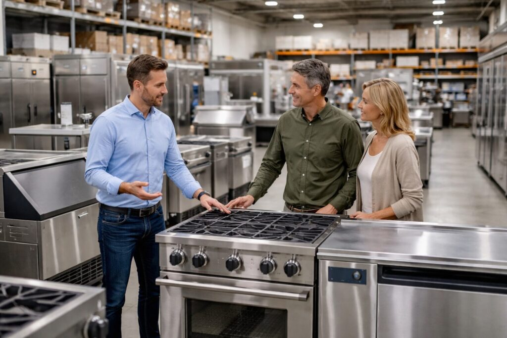 Commercial appliance dealer showroom with staff assisting customer among rows of commercial kitchen equipment and appliances
