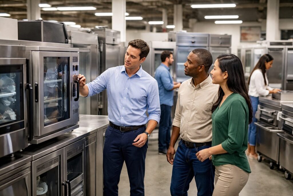 commercial appliance showroom with diverse customers and staff discussing equipment displayed in organized rows